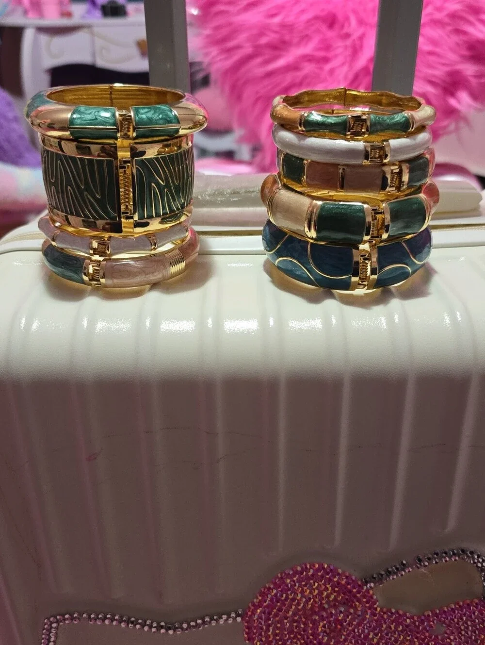 Gold-Tone Enamel Stackable Bangle Bracelets - Green & Cream